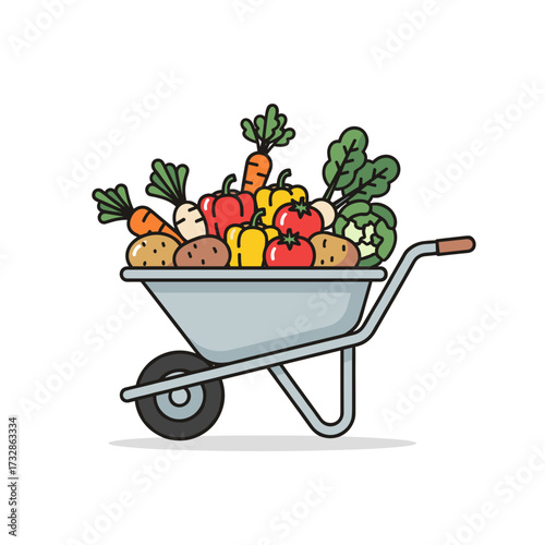 Wheelbarrow of vegetables features fresh produce from garden and farm. Assortment of vegetables in wheelbarrow for healthy lifestyle and organic eating.