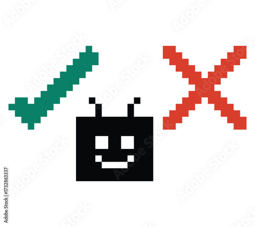 Cartoon cute pixel art of robot or ai learning skill robotic calculate chat bot robots vector character technology background 8 bit decoration.