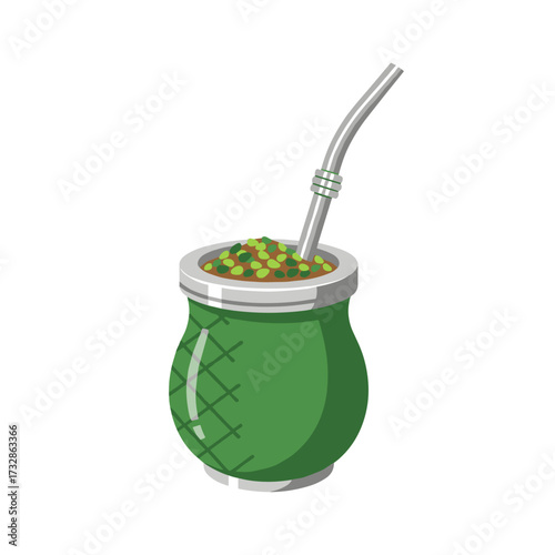 Isolated yerba mate cup offering traditional infusion on plain background. Yerba mate brewing in green cup is a common drink in some South American countries, offering a tasty and refreshing treat.