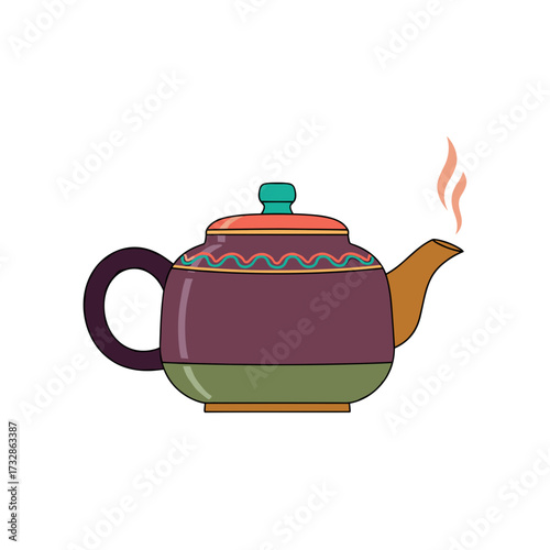 Isolated ceramic teapot with steam rising is a cheerful still life. Ceramic teapot, featuring colorful elements, is perfect for tea time.