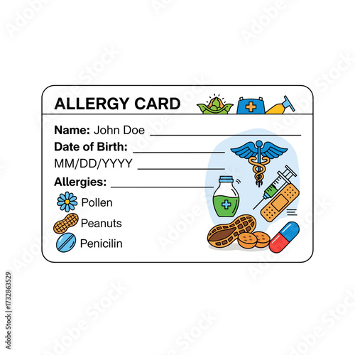 Presenting allergy card listing pollen, peanuts, and penicillin in bright colors. This allergy card displays medication information with cartoon drawings of allergens and a medical symbol.