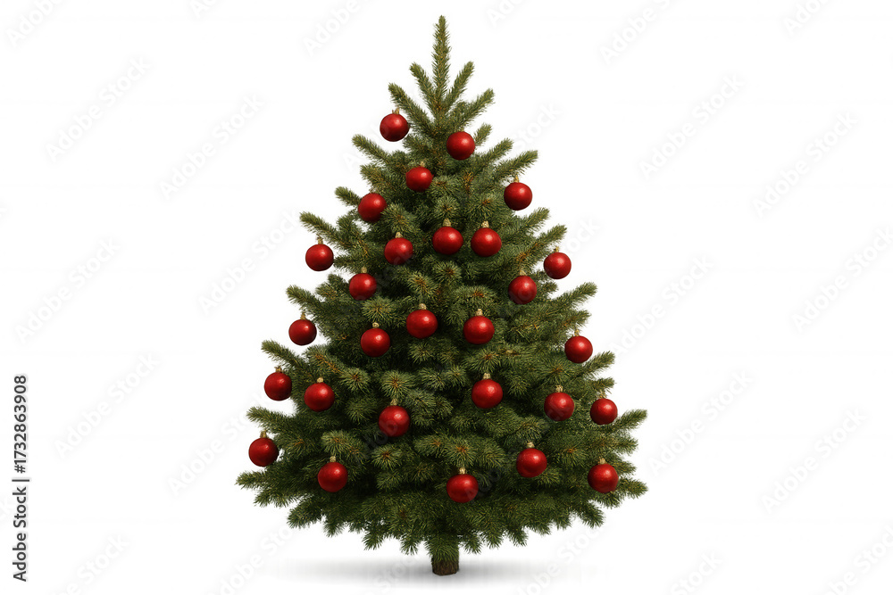 Fototapeta premium Christmas tree decorating with red baubles, festive holiday celebration evergreen plant isolated on transparent background