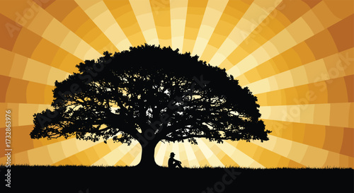 Tree silhouette with person, radiant sunset background, nature reflection scene, emotional landscape vector, solitude illustration, peaceful outdoor graphic