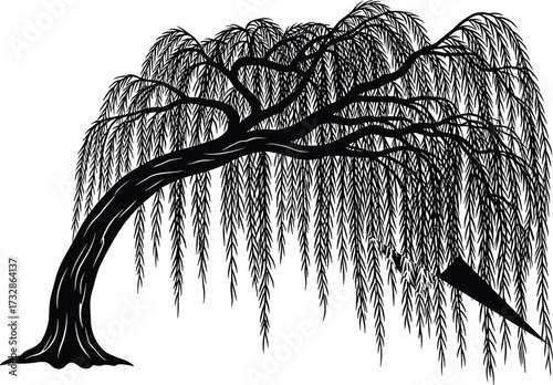 Willow tree silhouette, swing hanging branch, black vector illustration, tranquil nature scene, nostalgic outdoor icon, decorative botanical artwork