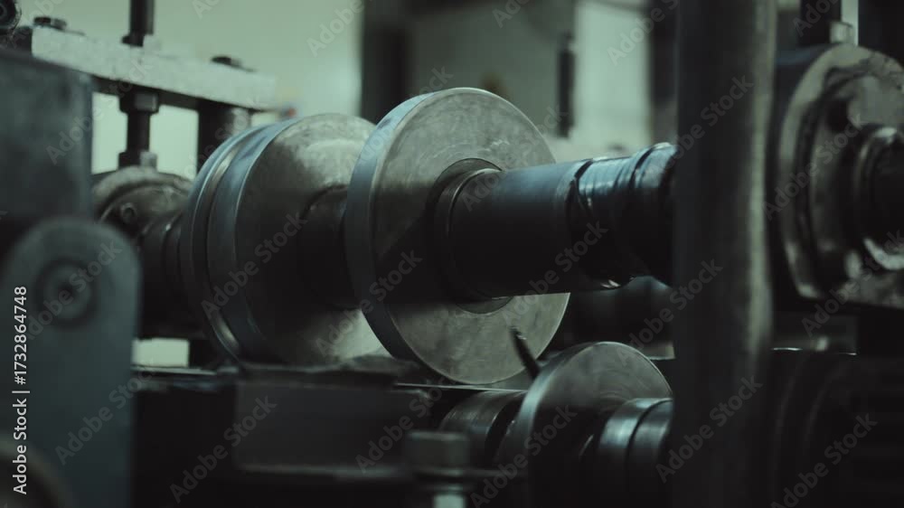 Close up view of an automated production line in a factory, where a rolling machine shapes a thin sheet of metal, showcasing the precision and power of industrial metalworking equipment
