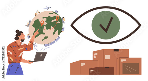 Woman pointing at globe with shipping routes, planes, and pins while using a laptop. Eye with check over stacked boxes indicates verified shipping. Ideal for logistics, supply chain, tracking