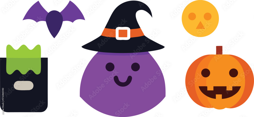 Fototapeta premium Vector halloween costume icons witch hat pumpkin bat candy bag scalable eps illustration isolated on transparent background