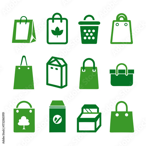 Assorted green icon illustrations of environmentally conscious shopping
