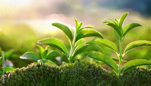 Stevia Trees And Branch Green Leaves On Natural Background