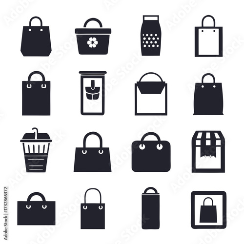 Stylized vector icon set of shopping and containers
