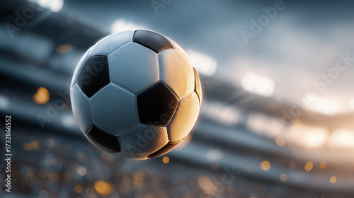 Soccer ball flying through the air during a match in a large stadium at sunset with cheering fans in the background Generative AI