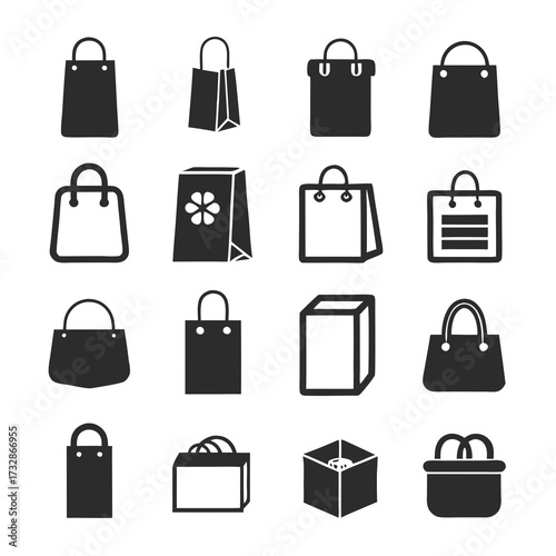Various shopping bag and box icons in monochrome style