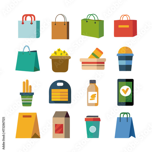 Assorted Shopping Bags and Food Icons Flat Design Style