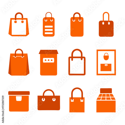 Collection of stylized shopping bags and gift boxes icon set