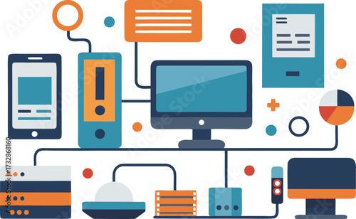 Vector illustration of a computer network and it worker items for digital technology isolated on transparent background