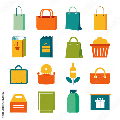Flat icons assortment of colorful shopping bags and containers
