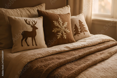 A mocha mousse-style bed. Linen in cream and cocoa shades, a bedspread with a delicate jacquard pattern, decorative pillows with festive motifs, soft morning light