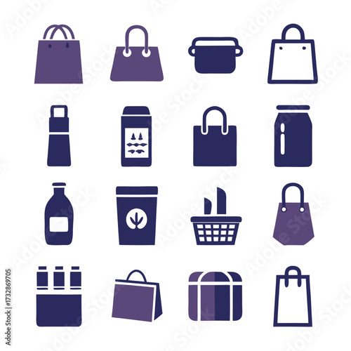 Collection of shopping and storage icons on white backdrop