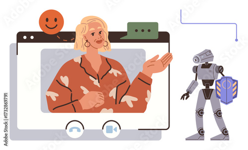 Woman gesturing during a virtual call, chat bubbles, smiling face, and humanoid robot with a shield. Ideal for innovation, AI, digital learning, teamwork, communication security human-robot
