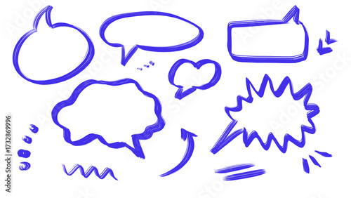 Hand-Drawn Blue Speech Bubbles Collection: Cartoon Style Vector Set, Chat Icons, Comic Dialogue, Thought Balloons, Message Elements, Cute Isolated Design, Illustration