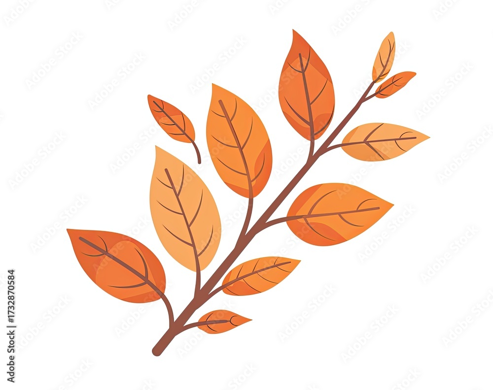 Fototapeta premium A stylized illustration of a branch with several autumnal leaves in shades of orange and brown, set against a white background. The leaves vary slightly in size and shape
