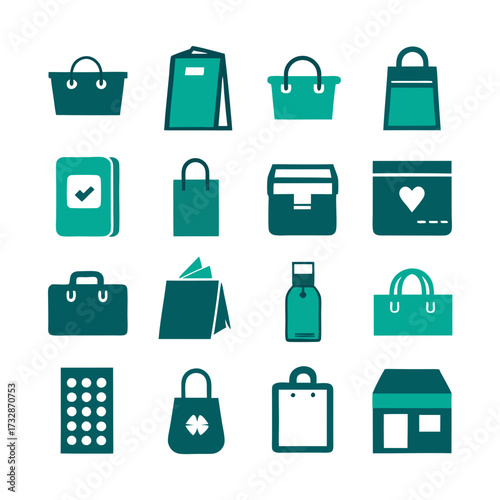 Teal shopping bag icons arrayed on a clean background