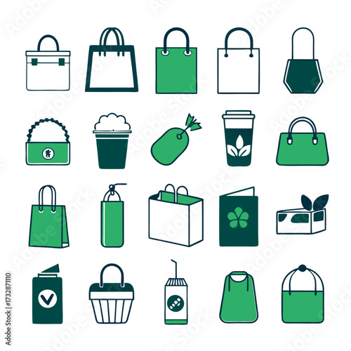 Eco-Friendly Shopping Bags and Products Flat Vector Icons Set
