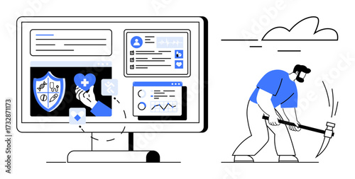 Computer screen with healthcare data, shield, analytics, and worker with pickaxe outdoors. Ideal for technology, healthcare, labor, mining data analysis productivity digital transformation. Simple