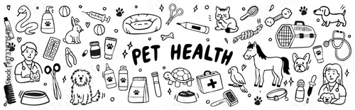 pet health veterinary clinic doodle vector set with animals and pet care icons
