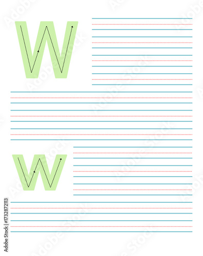 Colorful tracing worksheet for learning to write the uppercase and lowercase letter W. Educational activity with guide lines for practicing English alphabet handwriting