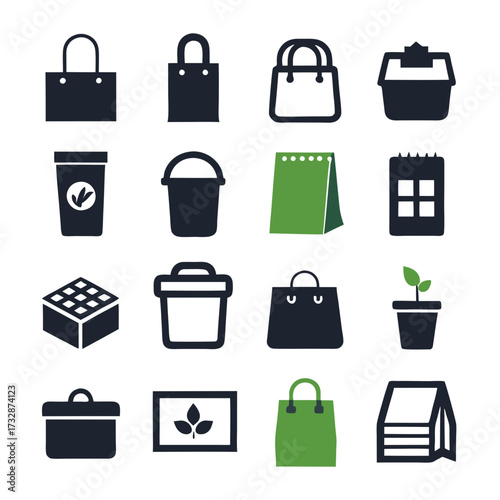Assorted icons representing shopping and environmentally conscious design