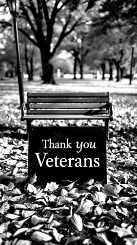 Sign honoring veterans placed on a bench surrounded by autumn leaves in a park