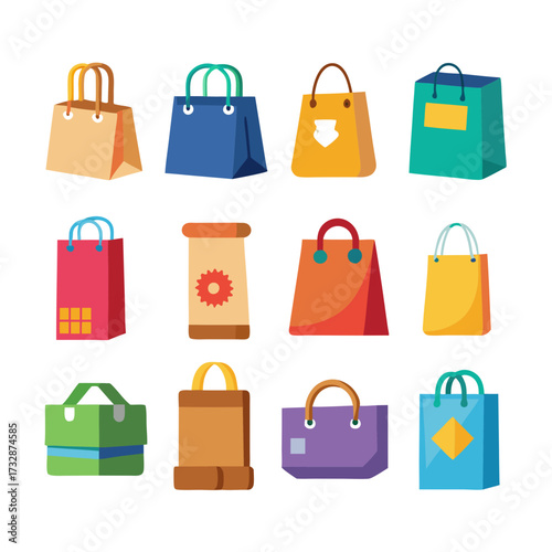 Colorful collection of shopping bags flat vector illustration set