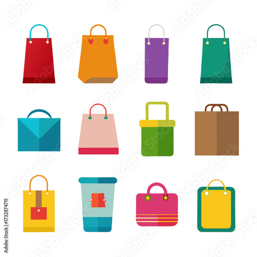 Collection of stylized colorful shopping bags on white background