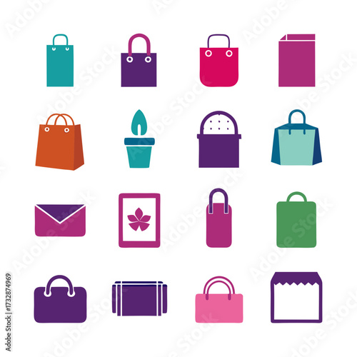 Brightly colored shopping and miscellaneous objects on white background