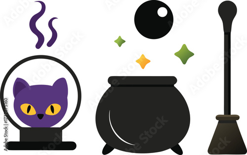 Spooky halloween witchcraft items cauldron broom crystal ball black cat vector illustration eps isolated on transparent background