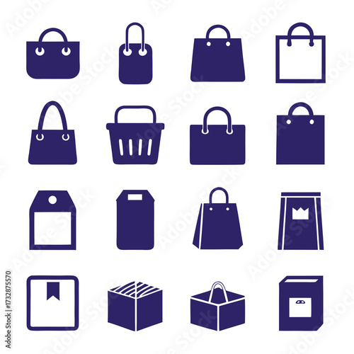 Variety of shopping bags and boxes icon set illustration