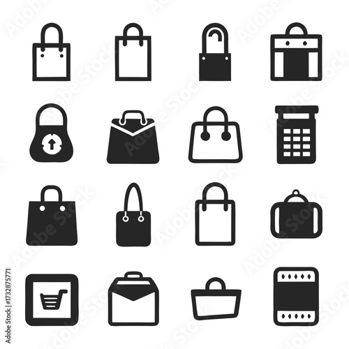 Black and white shopping bag icons assortment for commerce