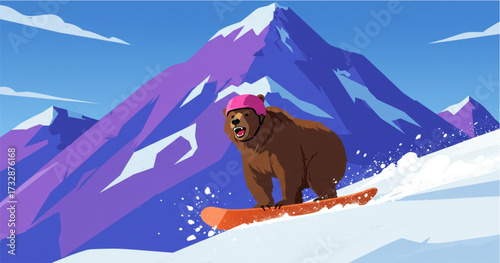 Funny illustration of a grinning brown bear wearing a pink helmet and riding a vibrant orange snowboard down a snow-covered purple mountain slope.