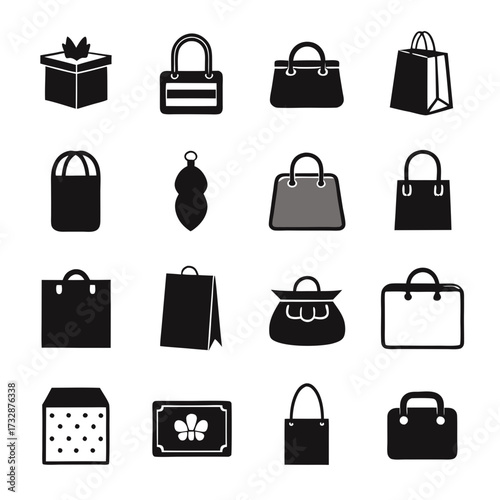 Diverse shopping bags and gift box arranged in grid