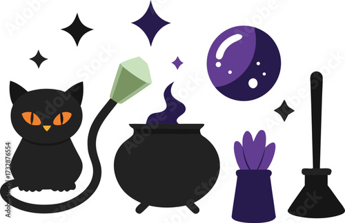 Spooky witchy halloween job items vector illustration black cat cauldron broom crystal ball isolated on transparent background