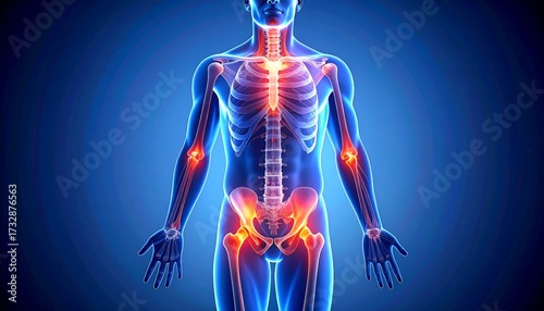 3D anatomical illustration of a human skeleton with highlighted joints