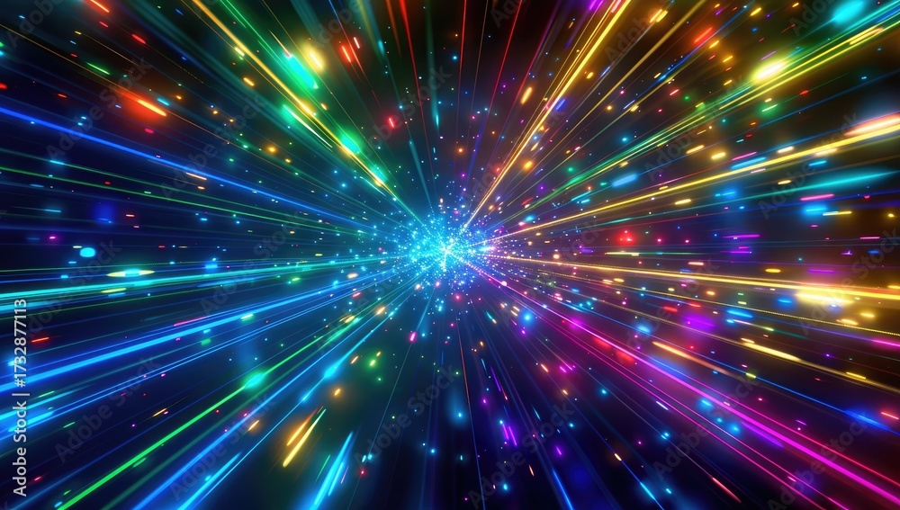 Fototapeta premium A vibrant, multicolored light streak explosion from a central point, radiating outwards into a dark background, creating a sense of speed and energy