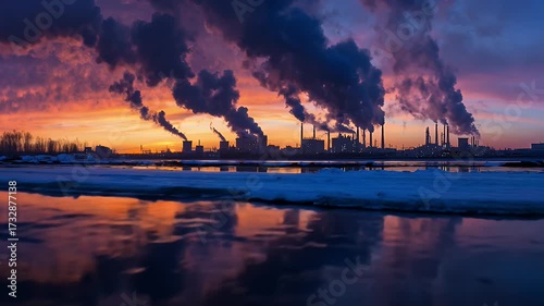 A panoramic photo of an industrial factory at sunset, showcasing air pollution with smoke and fumes reflected in the water