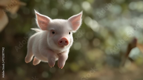 A baby pig flying through the air