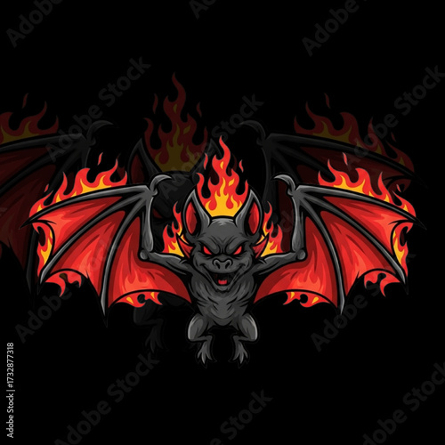Flaming Bat Mascot with Red Wings – Fierce Cartoon Creature Illustration for Fantasy, Horror, and Halloween Themes