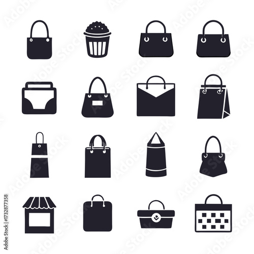 Collection of black shopping bag and retail icon illustrations
