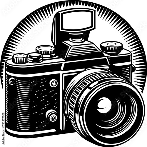 Classic vintage film camera and lens on a white background, perfect for retro photography or an antique technology object isolated