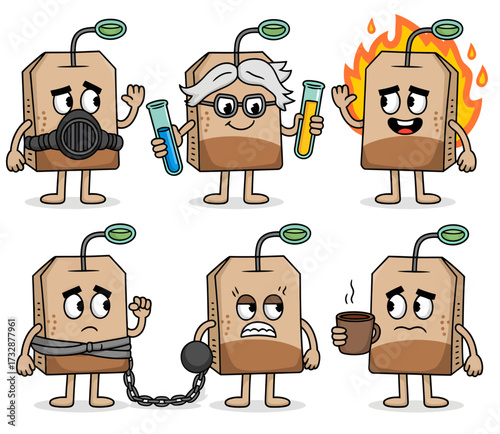 A collection of six cartoon tea bag characters expressing various emotions and situations.