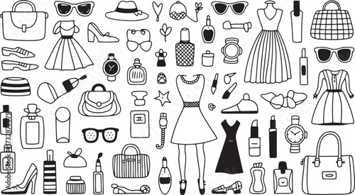 Black and white doodle art pattern of fashion accessories and clothing items vector